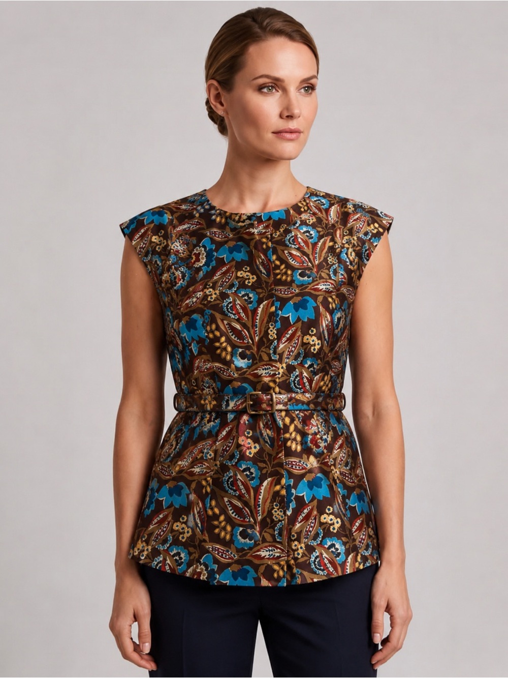 Preston & York Brown Floral Cap-Sleeve Belted Top with Blue Accents